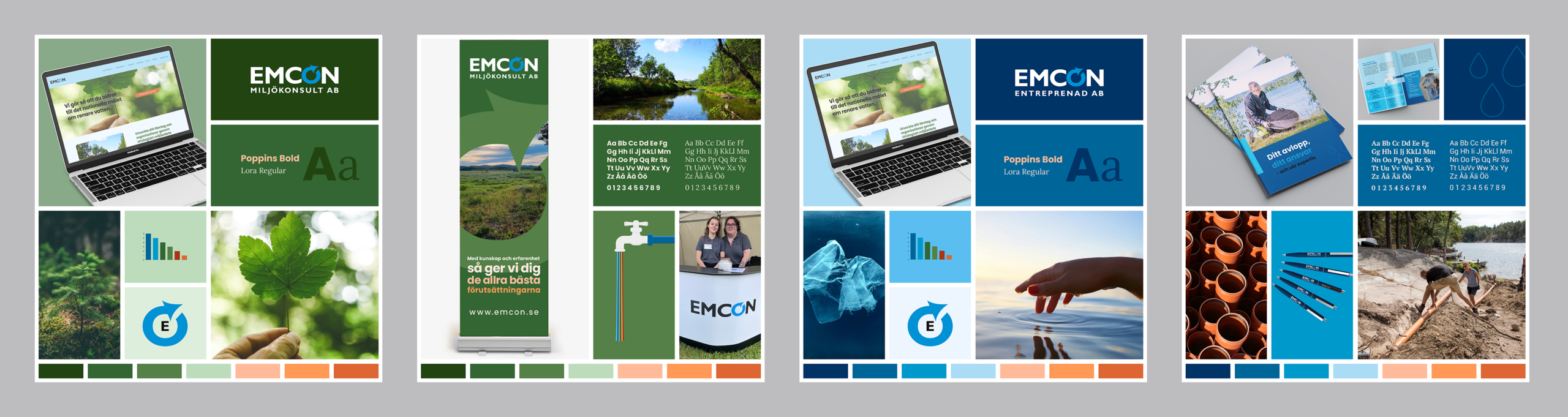 Översiktsbild som visar grafiska profil-element i blåa, gröna och orangea toner.